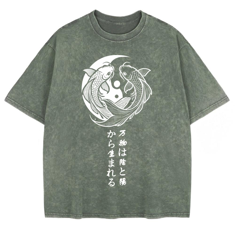 Japanese Koi Harajuku Printed Washed T-Shirts Mens Cotton Oversize T Shirt Summer O-Neck Short Sleeve Tops Clothes