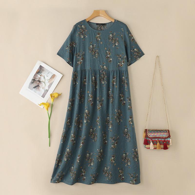 

ZANZEA Women Casual Round Neck Short Sleeve Loose Floral Print Dress синій