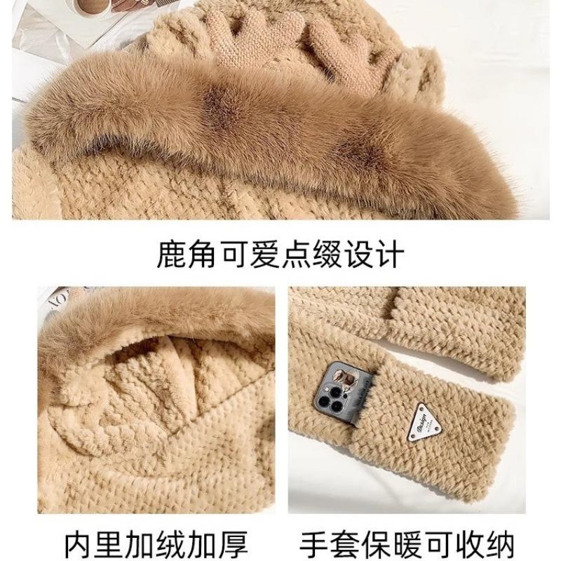 Hat Women's New Winter Cute Scarf Gloves Plush Hat Integrated Thickened Warm Elk Hat Three-piece Set