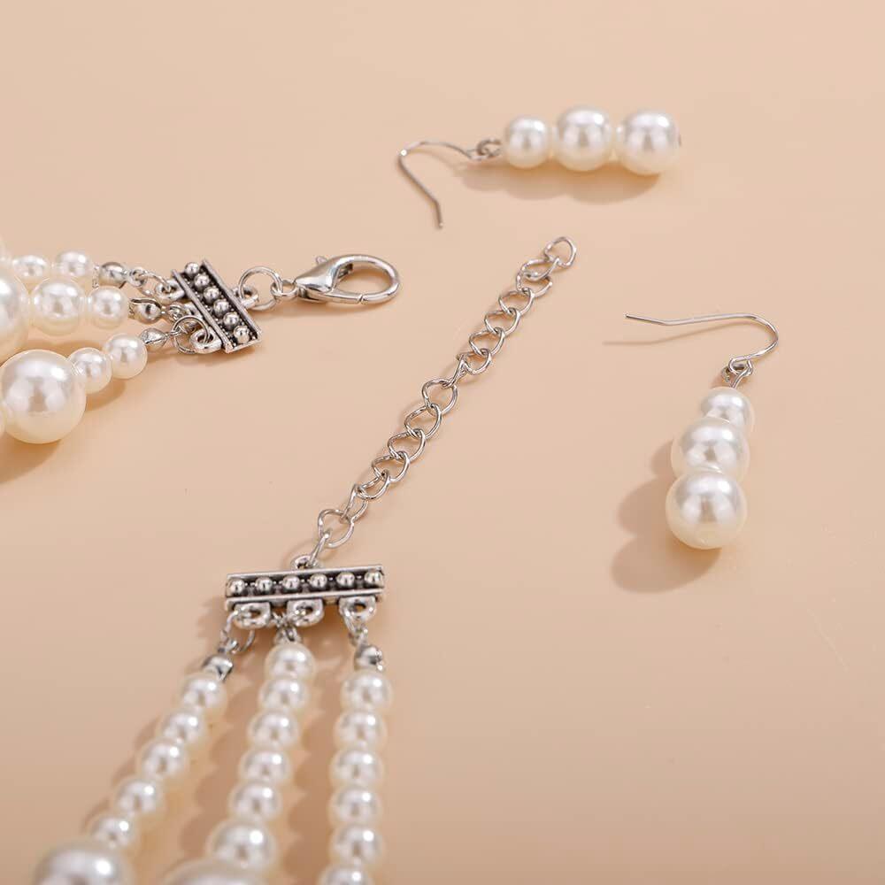 Trendige mehrlagige handgefertigte Imitationsperlen Strass Blume lange Statement-Halskette und Ohrring Zirkon Set für Damen