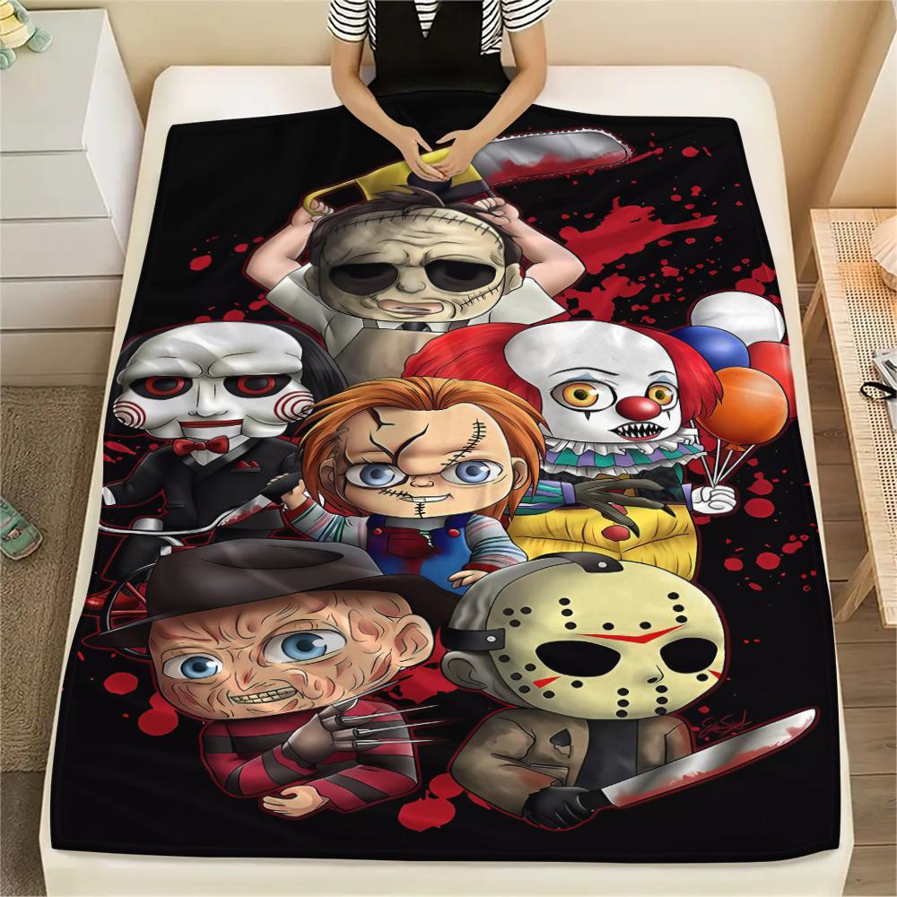1PC Chibi Chucky Freddy Krueger Print Flannel Blanket, High quality All Seasons, Home Decor, Warmth and Comfort, Perfect for Christmas Gifts