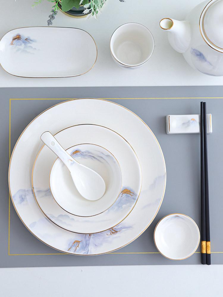 Hotel & Restaurant Gold Rim Ceramic Dinnerware Set - Plates, Bowls, Chopsticks, Spoon (4-Piece)