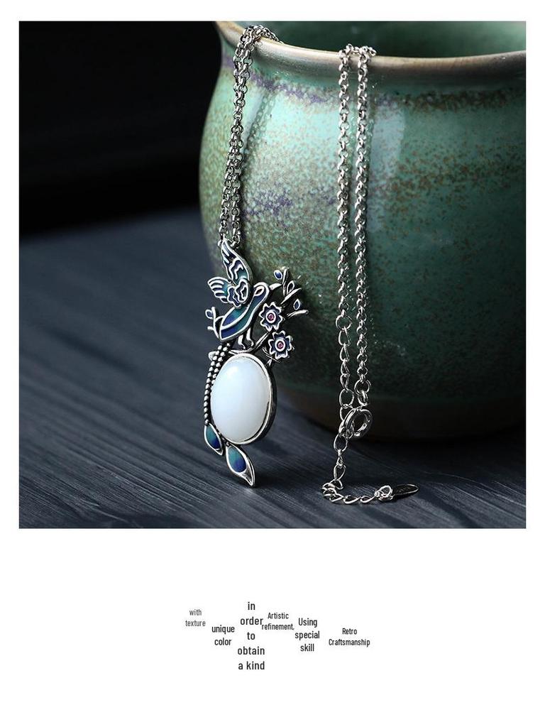 Artistic Thai Silver Enamel Magpie & Jade Pendant Necklace