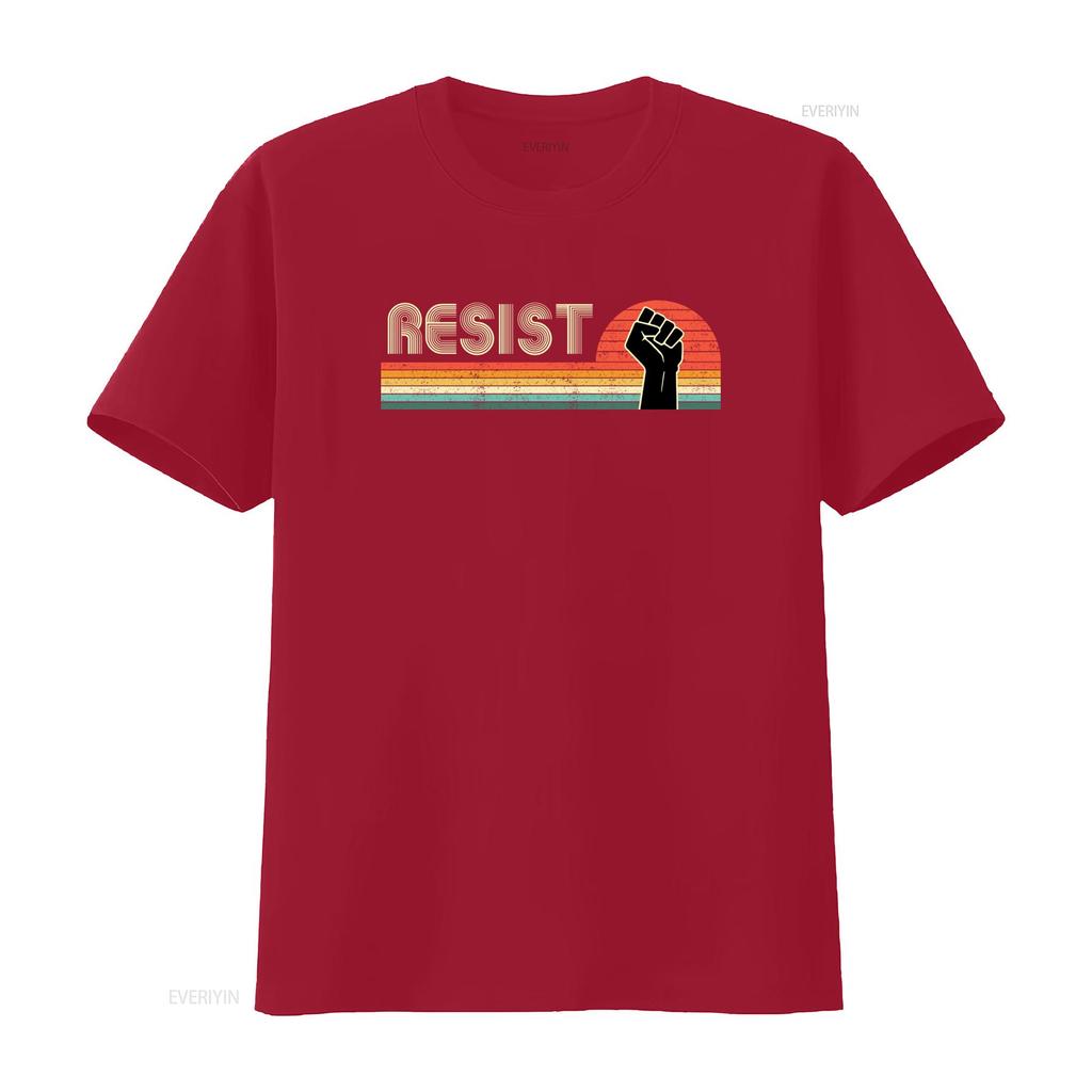 Retro Resist T Shirt Vintage Sunset Design With Fist Symbol Trendy Streetwear For Protest And Style Vintage Stretched