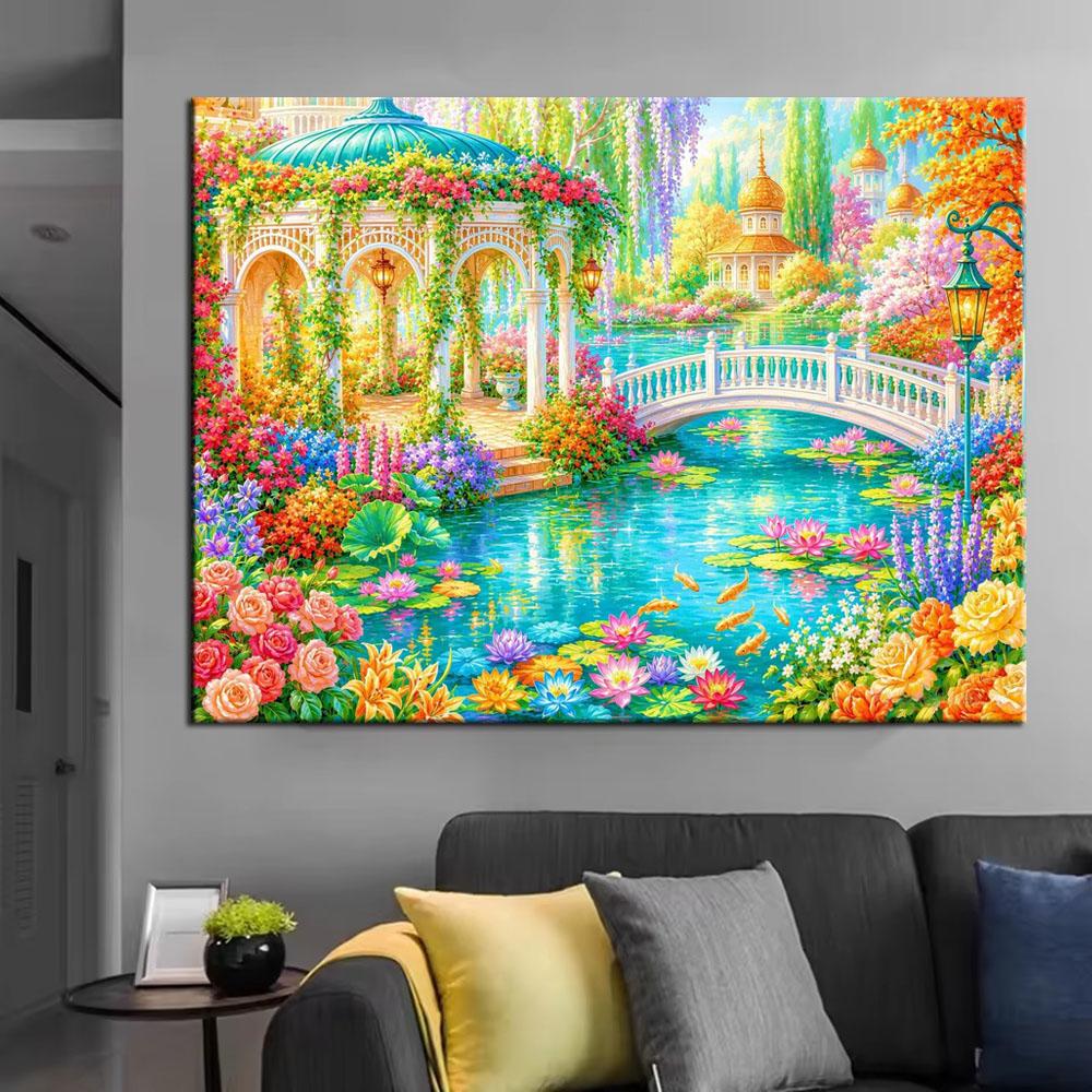 Beautiful Pond Lotus Flowers and Pavilion DIY Diamond Painting Kits New 2026 Full Square Round Diamond Mosaic Embroidery Cross Stitch Kits