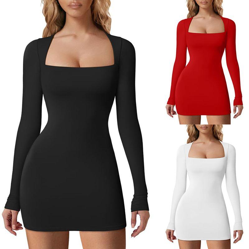 

2025 Square Neck Long Sleeved Solid Color Hip Hugging Dress White XL