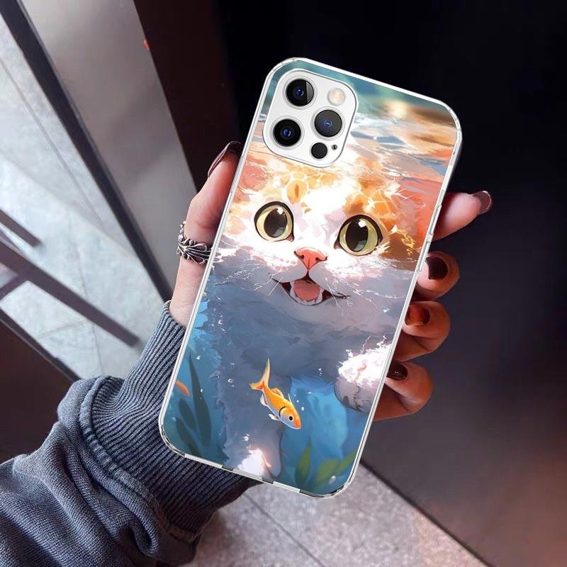 Cartoon Cute Cat Fish Aesthetic Phone Case For iPhone 17 Air 11 13 Mini 14 15 Plus 16 12 Pro Max 16E SE 7 8 Pattern Soft TPU Bac