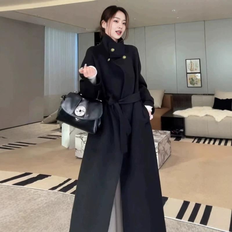 Black woolen coat women's new winter thickened lace-up long woolen coat