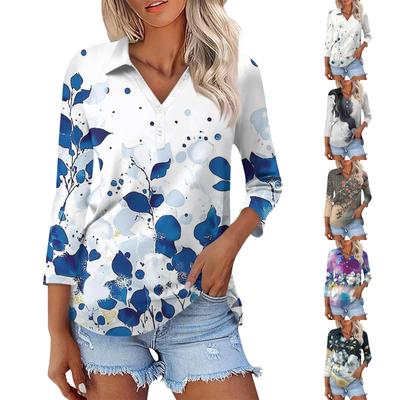 Women's Fashion Casual Lapel 3/4 Sleeve Print Shirt Women's Button Up Tops
