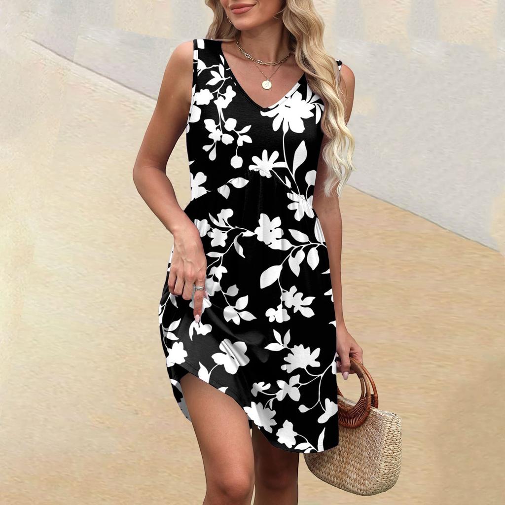 Women's Summer V-neck Casual Beach Vacation Style Vintage Floral Print Sleeveless Splicing Dresses