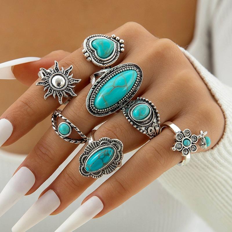 European and American Ethnic Style Carved Feather turquoise Ring Retro Personality Ring Set Combination Ring Set