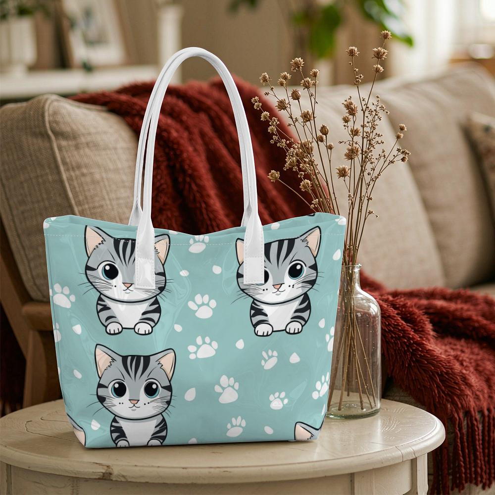 Cute Cat Pattern Tote Bag Casual Daily Shopping Shoulder Bag Lightweight Portable Ladies Handbag