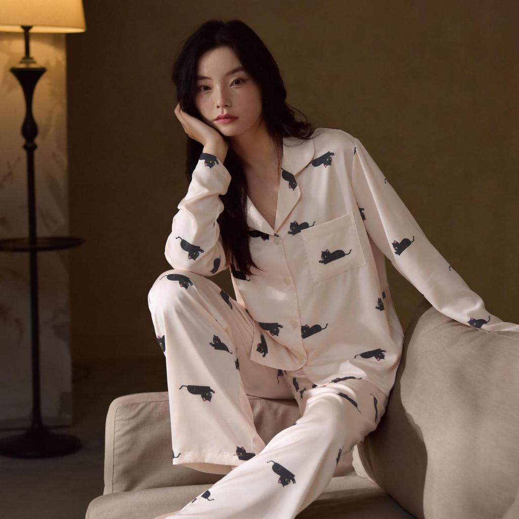 Women's Ice Silk Pajama Set, Short Sleeve Cat Design, Indoor/Outdoor Wear