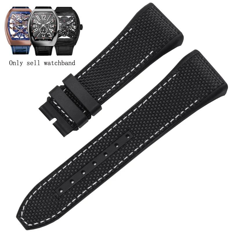 

28mm High Quality Nylon Genuine Leather Silicone Watchband Black Blue Folding Buckle Watch Strap For Franck Muller V45 Series 28mm