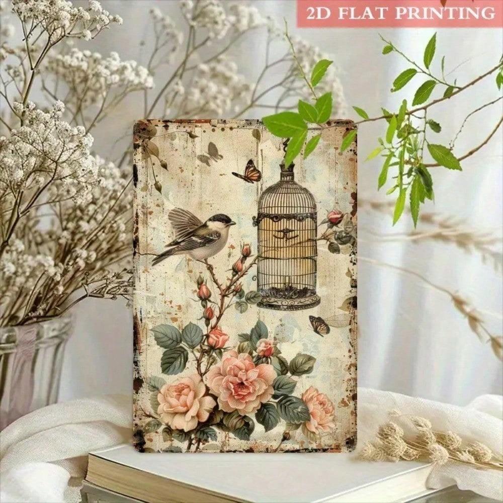 Vintage Retro Rose Bird Metal Sign 8x12 Inch Rustproof Iron Wall Art For Living Room Bedroom Home Decor