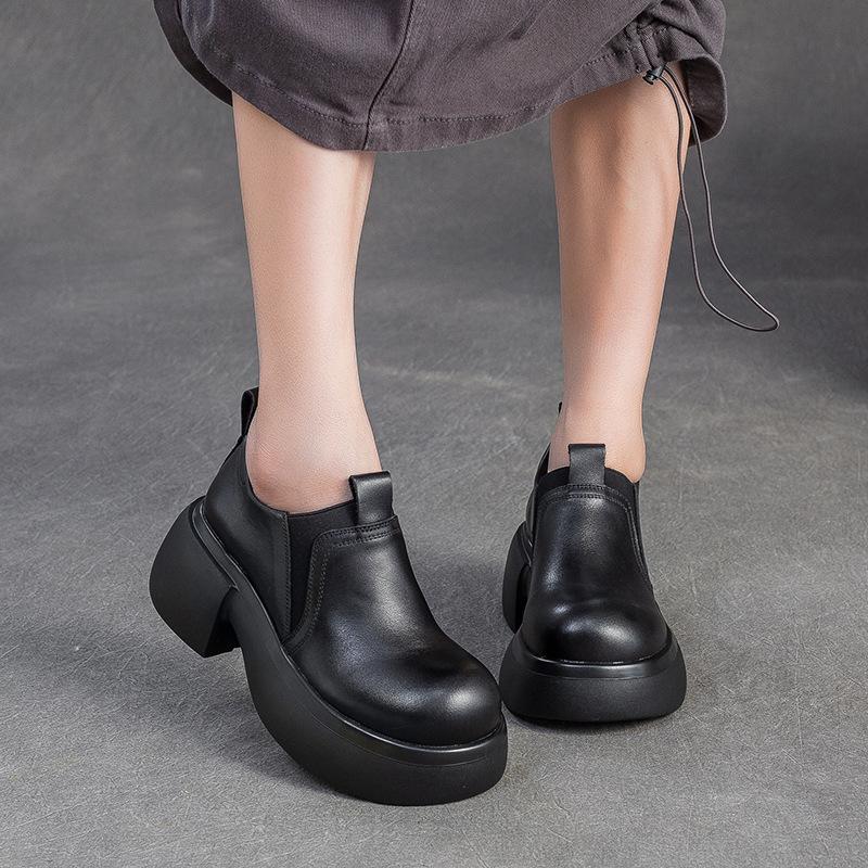 Fashion Spring Autumn British Big Head Genuine Leather Shoes for Women Thick Soled Platform Shoe Retro Height Increasing Women's Shoes