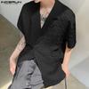 INCERUN Oversized Men Summer Turn-down Collar Short Sleeve Texture Buttons Casual Shirts