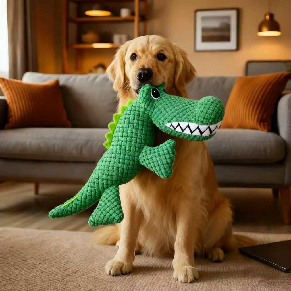 Pet Chew-Resistant Plush Interactive Toy with Sound, Dinosaur Shape, Crocodile, Suitable for Large, Medium, and Small Pets Like Cats and Dogs, Double