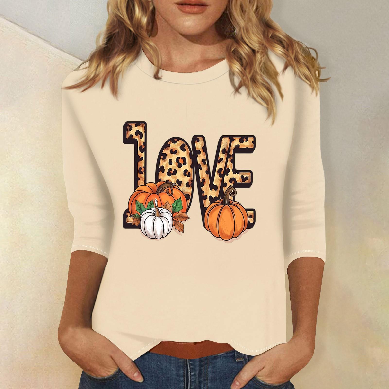 

Women s Fashion Casual Three-quarter Sleeve Halloween Printed Round Neck Top L бежевий