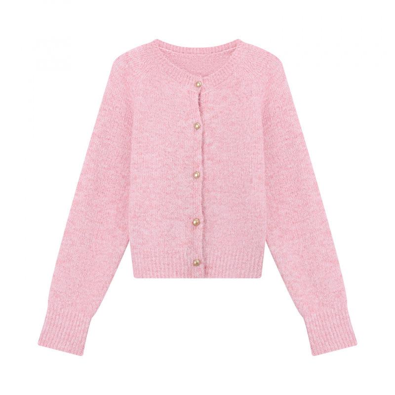 2025 Autumn/Winter Korean Style Soft & Fluffy Knit Cardigan with Gold Buckle and Round Neck for Women