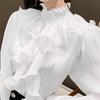 Autunno Vintage Ruffles Abbigliamento Pizzo Camicetta Donna Primavera Collo Alto Camicia Bianca Manica Lunga a Palloncino Ampia Elegante