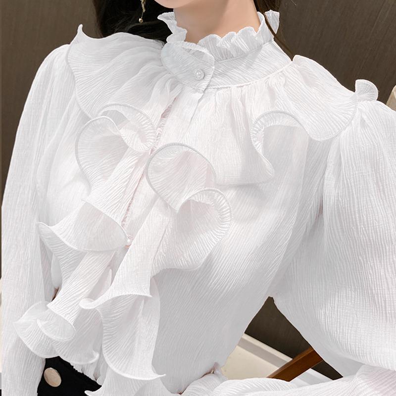 Autunno Vintage Ruffles Abbigliamento Pizzo Camicetta Donna Primavera Collo Alto Camicia Bianca Manica Lunga a Palloncino Ampia Elegante
