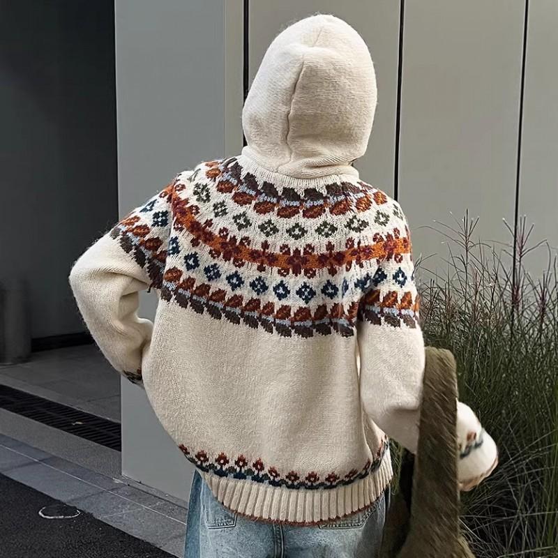Womens Oversized Cropped Hooded Knit Cardigan With Fair Isle Soft Warm Sweater Coat Fall Winter Casual