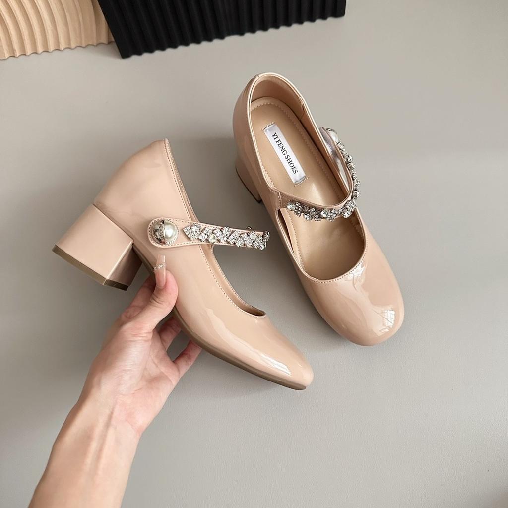 Fairy style thick heel plus 7 cm rhinestone word with shallow mouth Mary Jane round head lady temperament high heels
