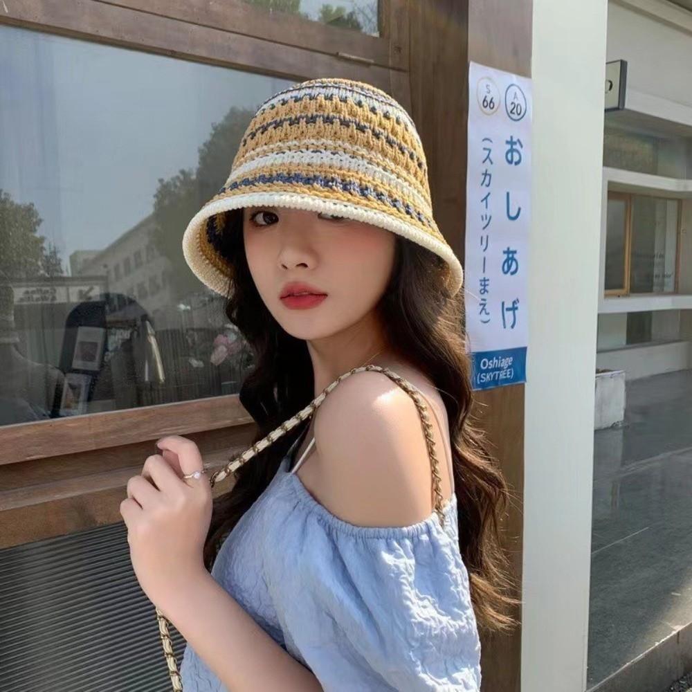 Stripe Sunshade Basin Cap Temperament Fisherman Hat Foldable Knitted Bucket Hat  Travel