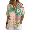 Women's Vintage Floral Print Button Down Shirt Short Sleeve Loose Fit Collared Top Made with Linen Blend Fabric Casual Summer Blouse