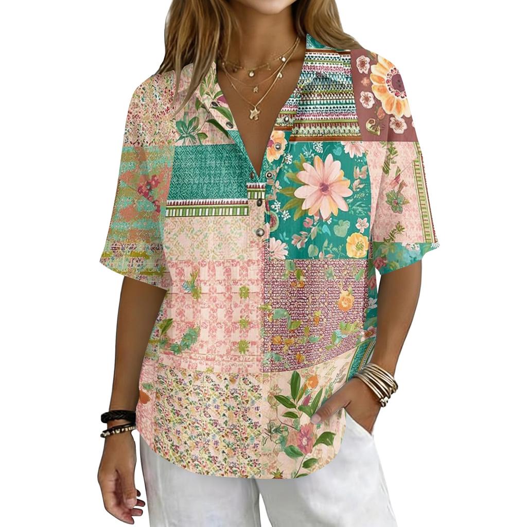 Women's Vintage Floral Print Button Down Shirt Short Sleeve Loose Fit Collared Top Made with Linen Blend Fabric Casual Summer Blouse