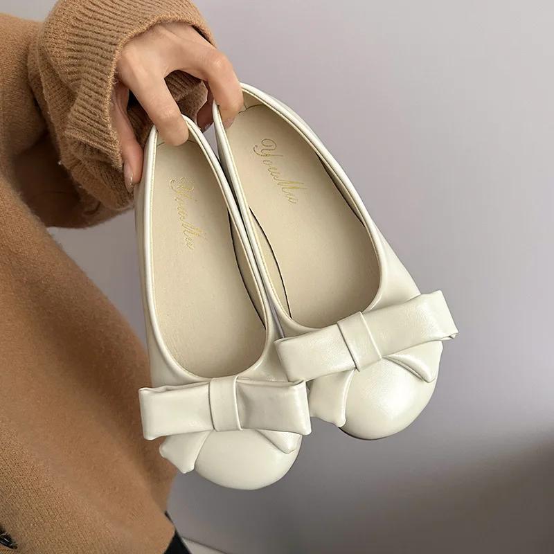 

Fashion 2025 New Korean Version Gentle Temperament Round Head Bow Bow All Seasons Flat Women s Shoes 35