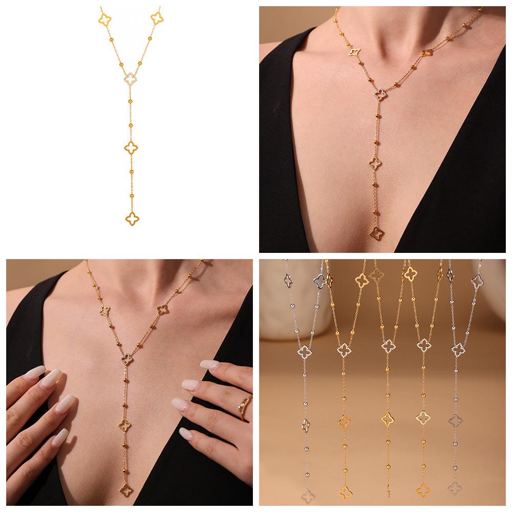 Qiong Yao 5A Zircon Clover Gold Bean Tassel Double Layer Stackable Clavicle Chain Necklace