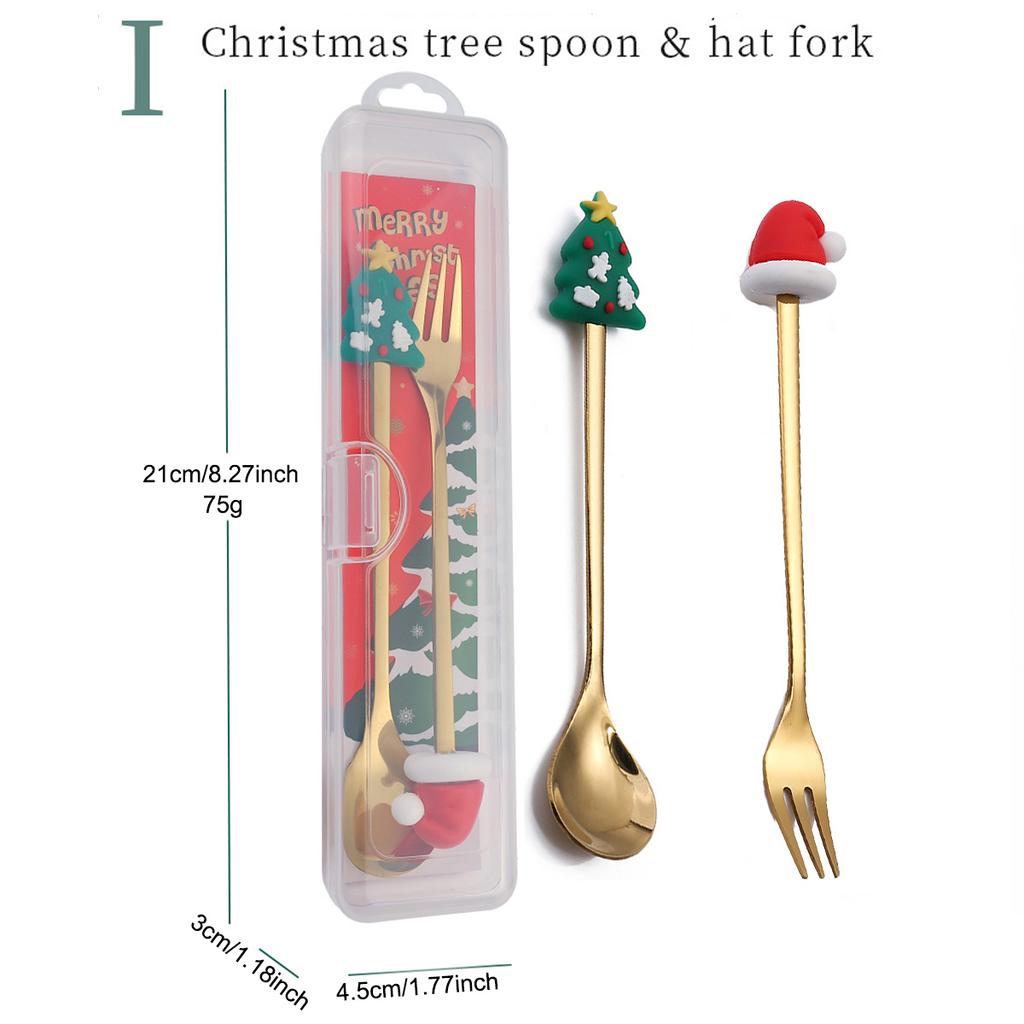 2Pcs Christmas Theme Dinnerware Set with Storage Box Snowman Christmas Tree Fork Spoon Cutlery Set Stainless Steel Tableware