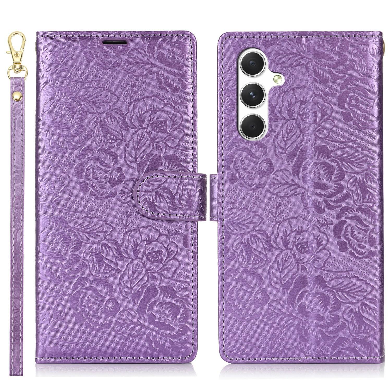 

For Samsung Galaxy A36 5G Case with Hand Strap Flower Imprint Leather Wallet Phone Cover Purple