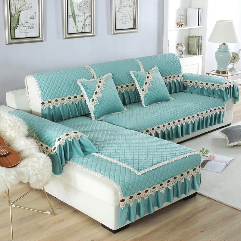 Plyšový potah na pohovku Evropský styl Moderní Protiskluzový Přehoz Potah na pohovku do obývacího pokoje Krajková dekorace Polštář na pohovku ve tvaru L