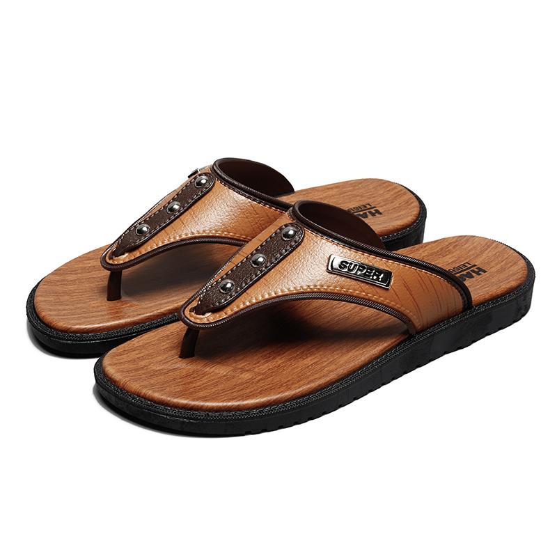 Fashion Summer New PU Leather Flip Flops Casual Clip On Men's Shoes Beach Slippers Outdoor Breathable Comfortable Men Simple Sandals