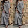 GMXIA S-5XL Damen Frühling Sommer Kleidung Übergröße Damen Baumwolle Leinen Locker Gestreift Langes Kleid mit Taschen