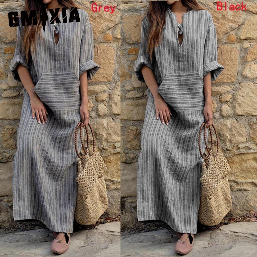 GMXIA S-5XL Damen Frühling Sommer Kleidung Übergröße Damen Baumwolle Leinen Locker Gestreift Langes Kleid mit Taschen
