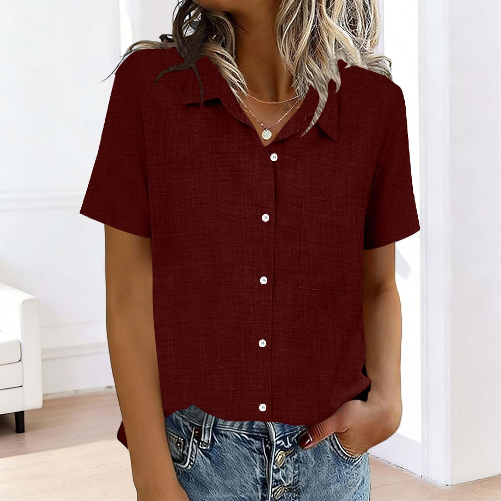 

Women s Fashion Color Standing Collar Short Sleeve Button-Up Shirt T-Shirt Top M винний