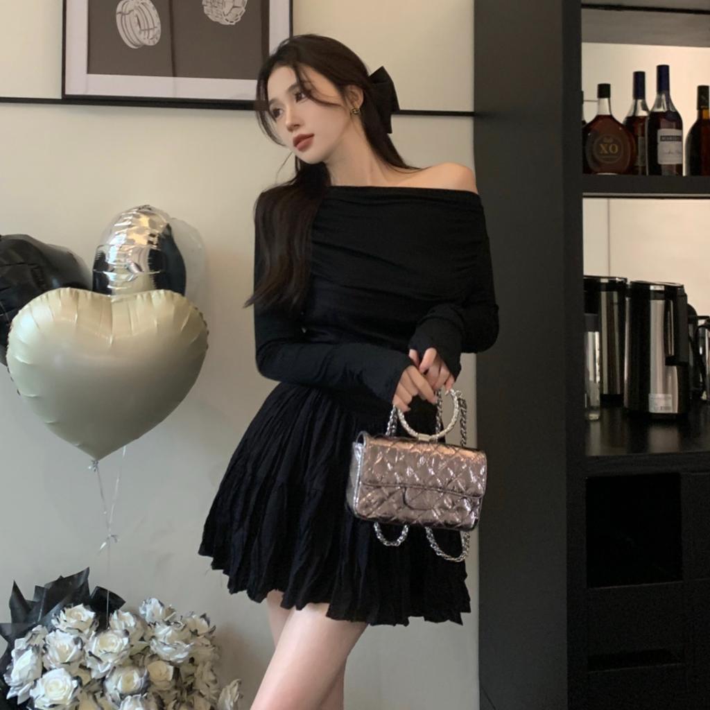 Čistě sexy šaty na jedno rameno jarní nové francouzské černé nafouklá sukně střihu do áčka elegantní narozeninové šaty