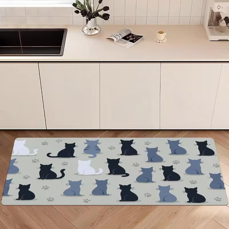Tapis de cuisine Nordic Vintage Dessiné à la main Chat Mignon Dessin Animé Antidérapant Absorbant Tapis Chemin Thème Animal Décoration de Maison 2 Pièces