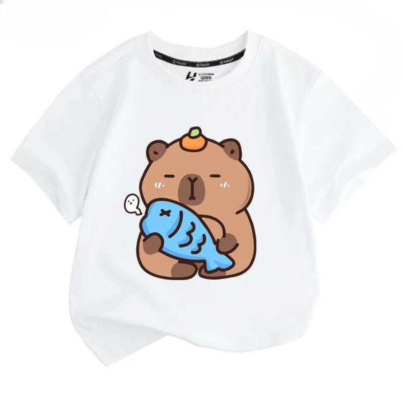 Capibala Cartoon Capybara King Cute Peripheral Short Sleeved T-shirt for Male and Female Students Short Sleeved