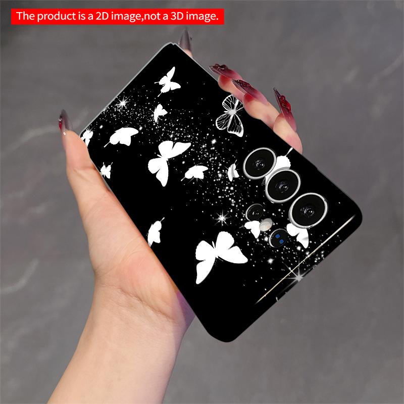 2DFlat Samsung Phone Case White Butterflies and Sparkles On Black Background Applicable To Galaxy S22 S23 S24 S25ULTRA S26 A12 A13 A14 A15 A16