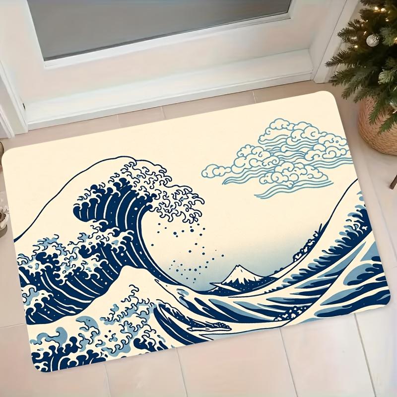 1pc Japanese Kanagawa Surfing Fuji Mountain Pattern Flannel Mat Entrance Door Mat Bathroom Non-Slip Water-Absorbing Foot Mat Home Decoration Floor Mat