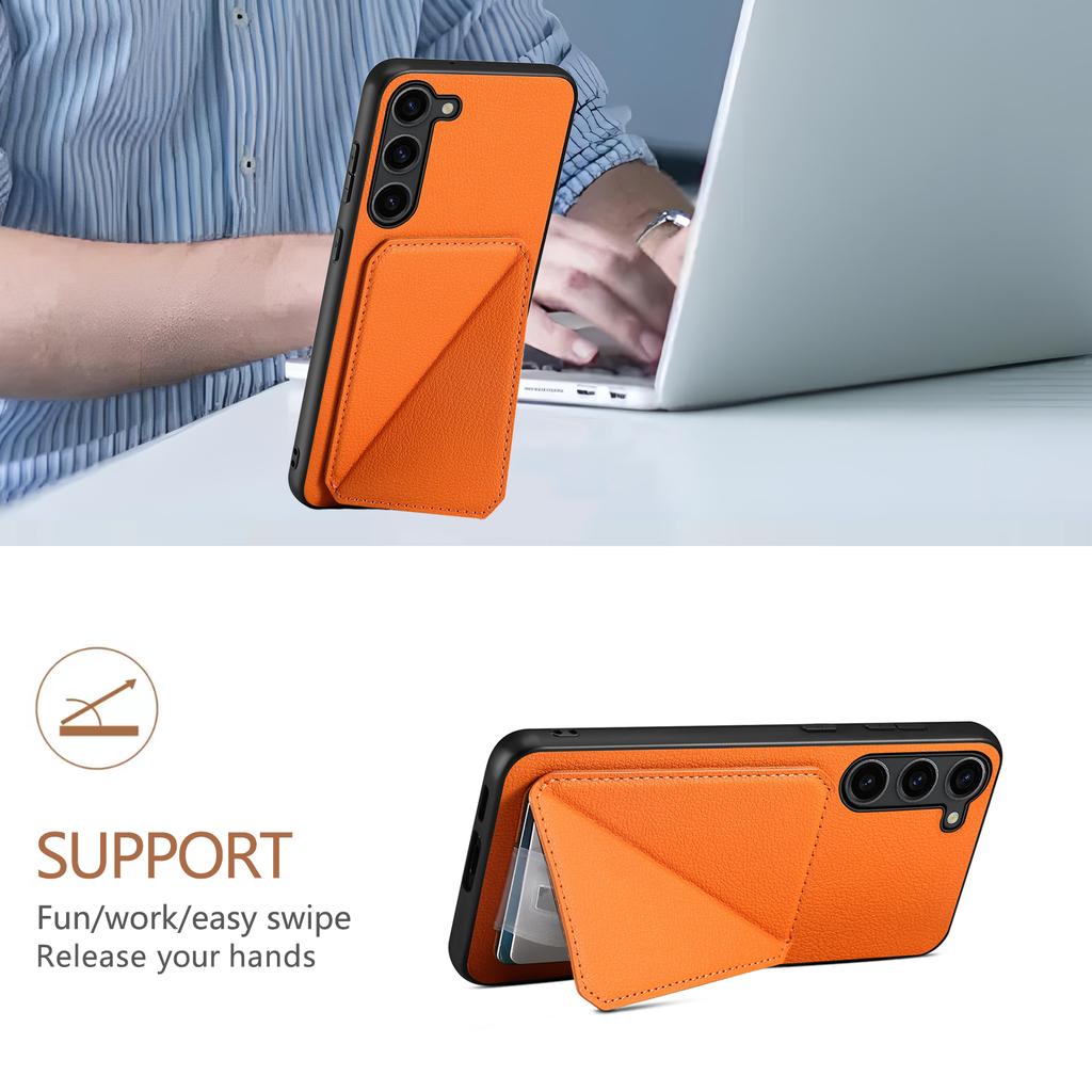 Etui na Samsung Galaxy S25 z uchwytem na karty, podstawką, wykonane ze skóry cielęcej o fakturze + PC + TPU, Pokrowiec na telefon