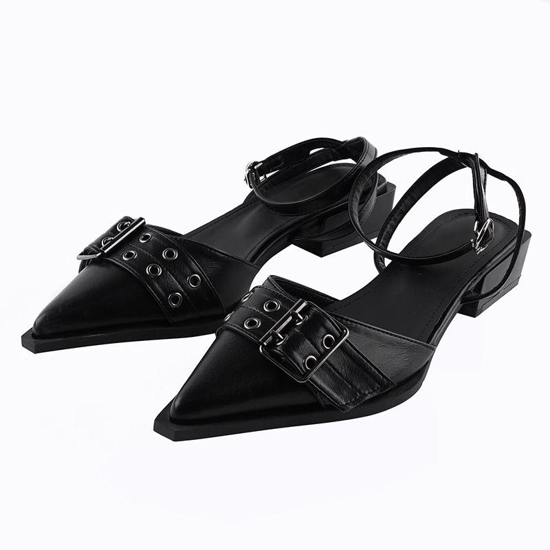 Sandals for Women with Low Heels Square Summer 2024 Closed Ladies Shoes Pointed Toe Footwear Strap Beige Korea On Offer Vintage