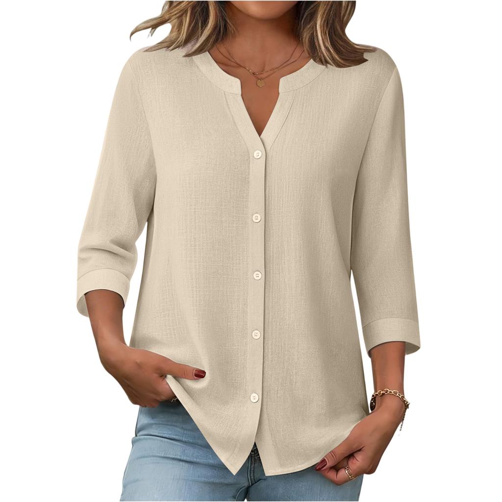 Womens V Neck Button Down Blouse Three Quarter Sleeve Loose Fit Casual Top for Daily Office Wear