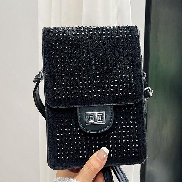 Fashionable 2024 Rhinestone Embellished Velvet Phone Bag Vertical Small Handbag For Women