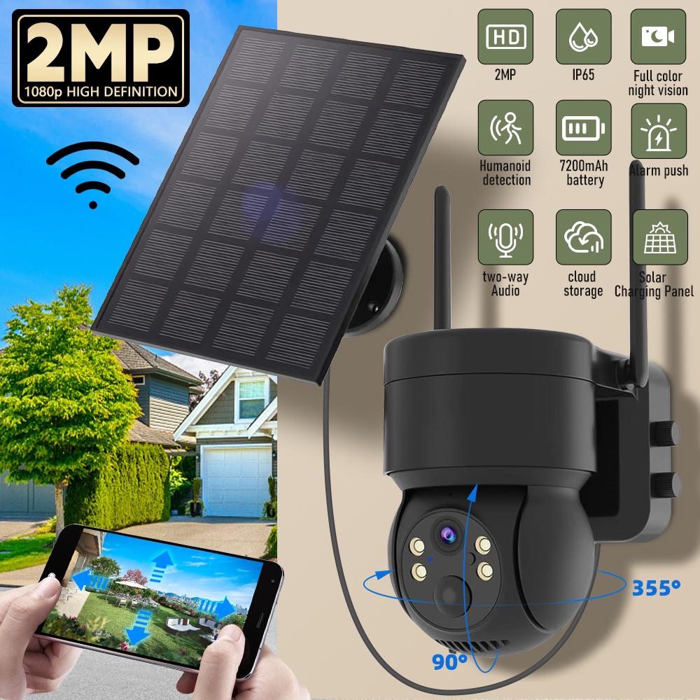 1080P PTZ Solar Security Camera Outdoor 360° 2MP Wireless WiFi Solar Camera CCTV Full Color Night Vision Rechargeable Camera